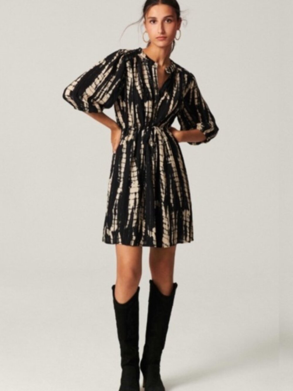 Ba&Sh Kenya Black Beige Tie Dye Balloon Sleeve Shirt Dress size 0
